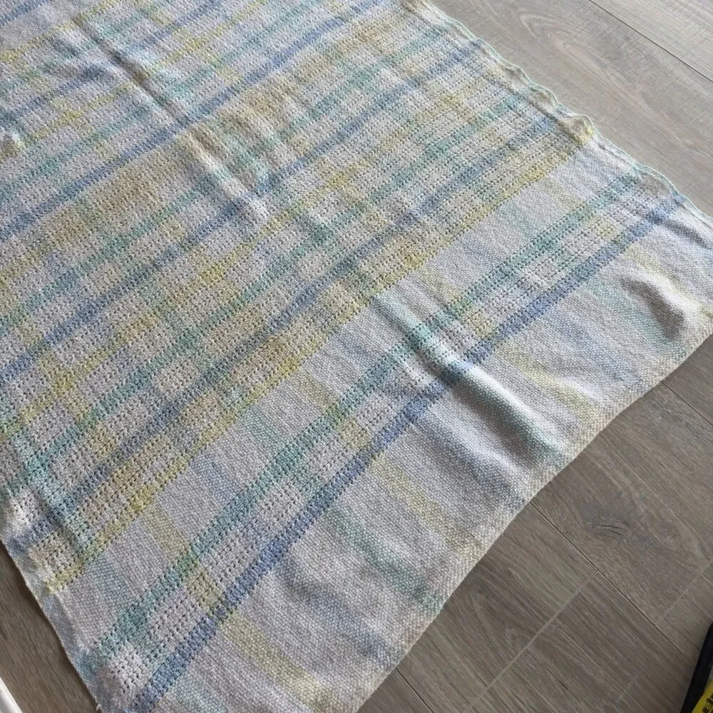 Beacon Vintage Baby Blanket Pastel Plaid Stripe Knit Waffle Weave USA 43” X 30”